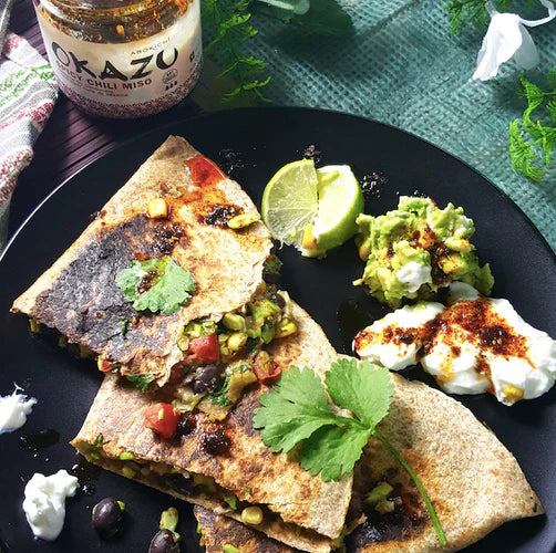 Easy Vegetarian Black Bean, Corn & Edamame Quesadillas
