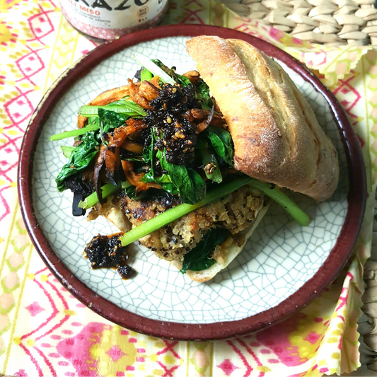 Quinoa Burgers with Sweet Potato Fries and Apple Cider Onions